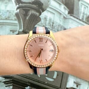 Fossil ES4595 Scarlette Mini Three-Hand Date Striped Navy Leather Watch